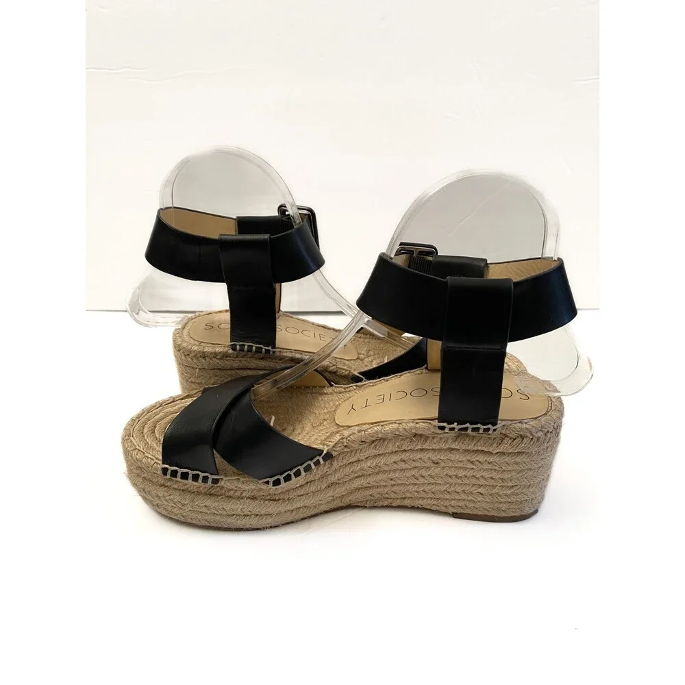 SOLE SOCIETY Audrina Black Leather Espadrille Platform Strappy Sandal Size 7.5